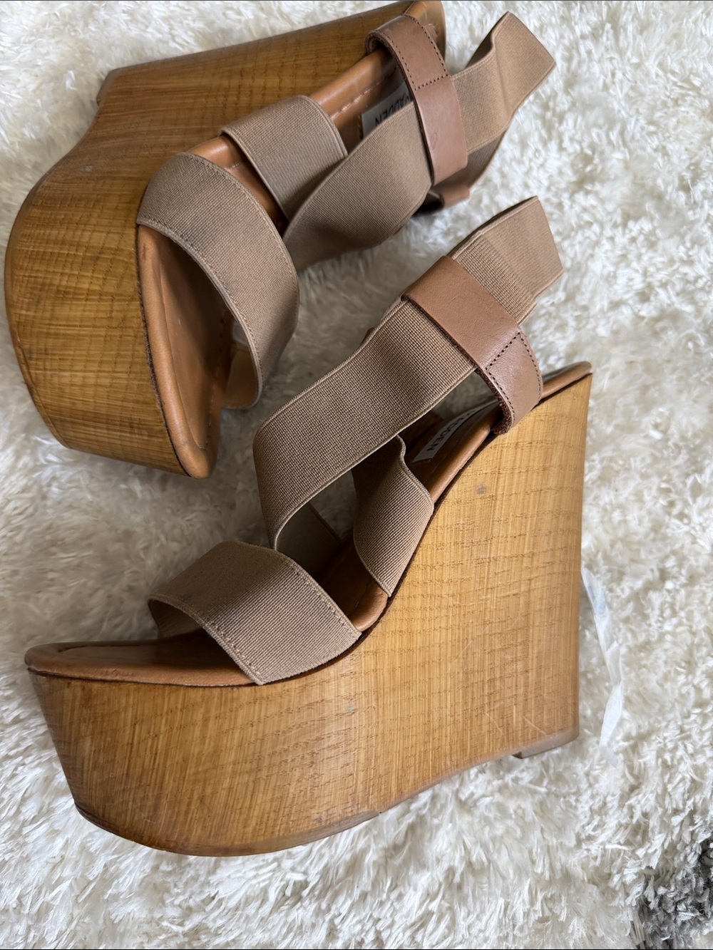 Steve Madden Tan Elastic Strap Wood-Effect Wedge Sandals